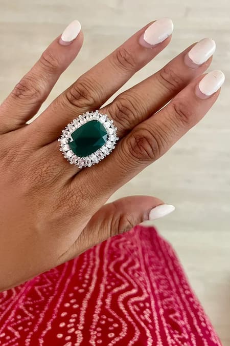 PRERTO_Green Stones, Diamonds Emerald Elephant Jewellery Set _Online_at_Aza_Fashions