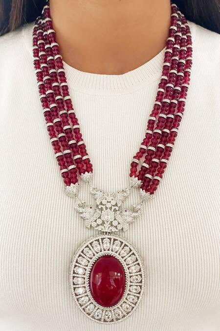 PRERTO Red Diamonds, Stones Ruby And Elephant Necklace Set