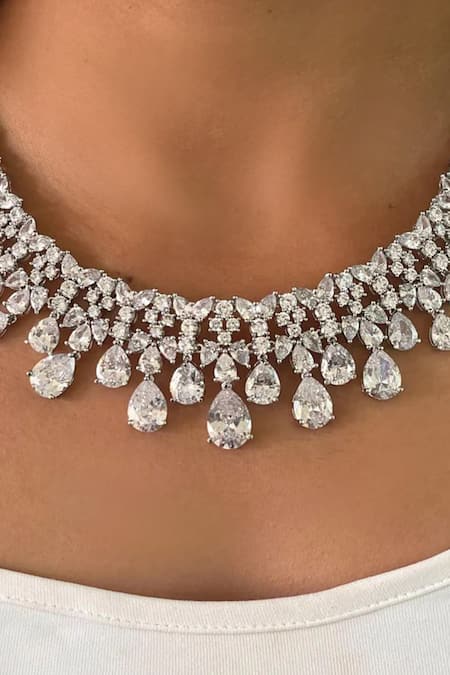 PRERTO White Imitation Diamonds Daffodil Bloom Jewellery Set Online at Aza Fashions PRERTO_White Imitation Diamonds Daffodil Bloom Jewellery Set _Online_at_Aza_Fashions