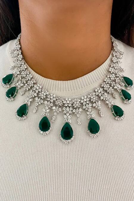 PRERTO_Green Diamonds, Stones Emerald Designer Jewellery Set_Online_at_Aza_Fashions