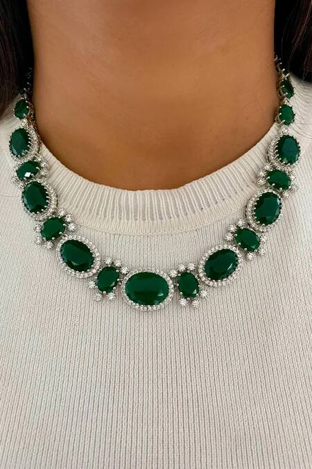Buy_PRERTO_Green Diamonds, Stones Emerald Designer Jewellery Set_Online_at_Aza_Fashions