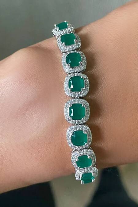 PRERTO_Green Diamonds, Stones Emerald Designer Jewellery Set_at_Aza_Fashions