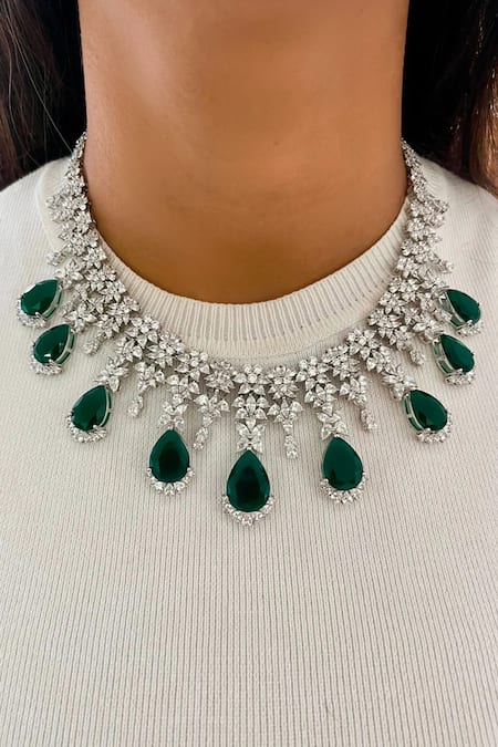 PRERTO Emerald & Diamond Floral Necklace Set 