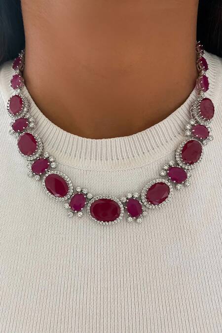 Buy_PRERTO_Red Crystals, Stones, Smocking Semi Precious Jewellery Set_Online_at_Aza_Fashions