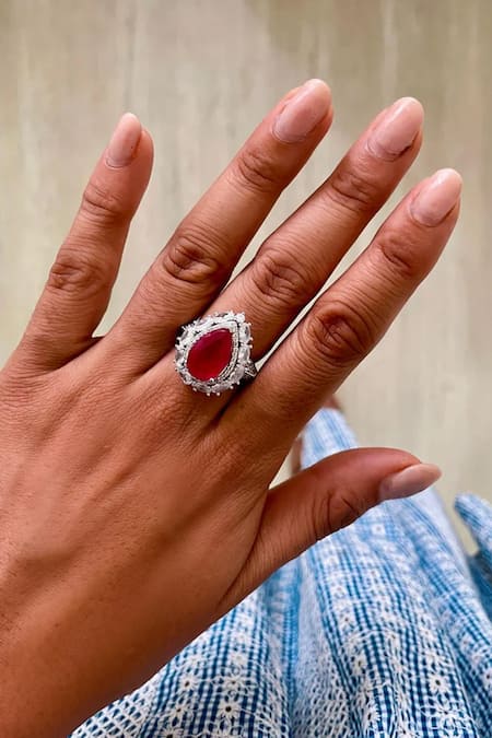 PRERTO Red Smocking, Stones, Crystals Nine Drops Necklace Set Online at Aza Fashions PRERTO_Red Smocking, Stones, Crystals Nine Drops Necklace Set _Online_at_Aza_Fashions