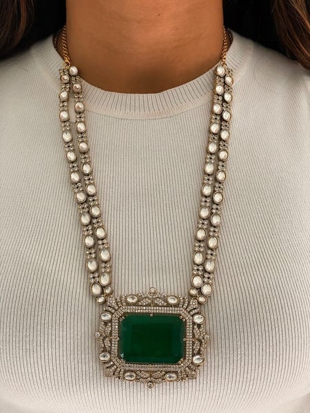 PRERTO Emerald Green Stones, Zari Kundan Necklace Set 