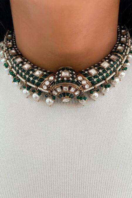 PRERTO_Emerald Green Pearls, Stones Kundan And Drop Necklace Set_at_Aza_Fashions