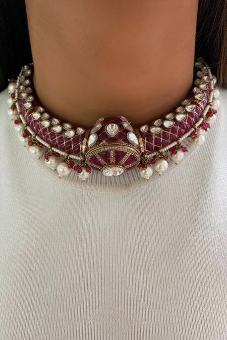 PRERTO_Red Pearls, Metallic Thread, Diamonds Ruby Meenakari Necklace Set_Online_at_Aza_Fashions