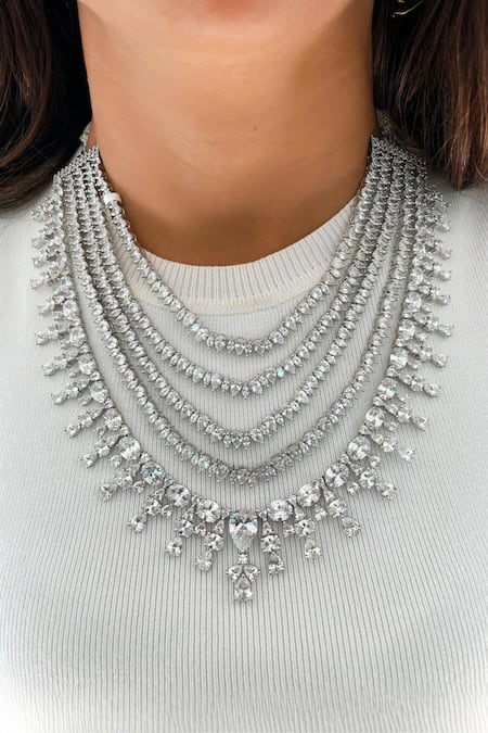 PRERTO Silver Plated Imitation Diamonds 5-layer Diamante Necklace Set