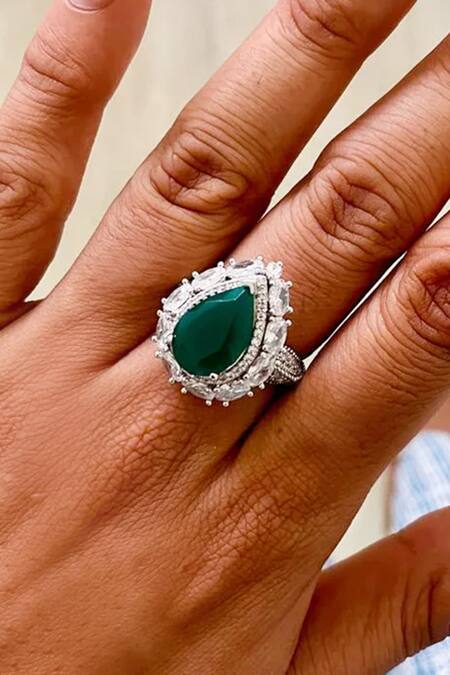 PRERTO_Silver Plated Diamonds, Stones Emerald Green Diamante Floral Necklace Set_Online_at_Aza_Fashions