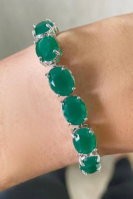 Buy_PRERTO_Silver Plated Diamonds, Stones Emerald Green Diamante Floral Necklace Set_Online_at_Aza_Fashions