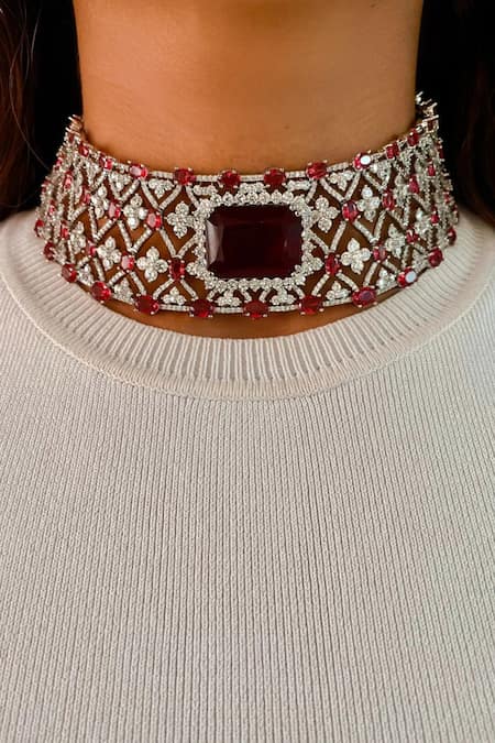 PRERTO_Red Imitation Diamonds Ruby Cairn Diamante Jewellery Set_Online_at_Aza_Fashions