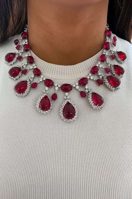 Buy_PRERTO_Red Imitation Diamonds Ruby Cairn Diamante Jewellery Set_Online_at_Aza_Fashions