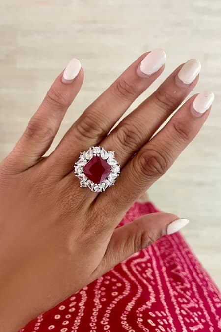 PRERTO_Red Imitation Diamonds Ruby Cairn Diamante Jewellery Set_at_Aza_Fashions