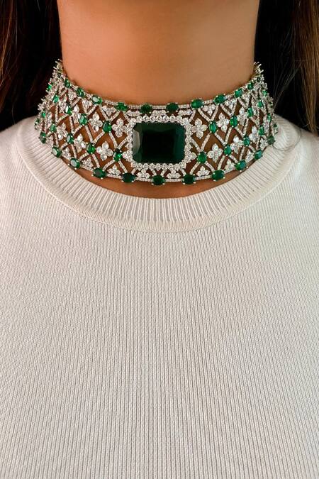 PRERTO_Emerald Green Diamonds, Stones Cairn Diamante Jewellery Set_Online_at_Aza_Fashions