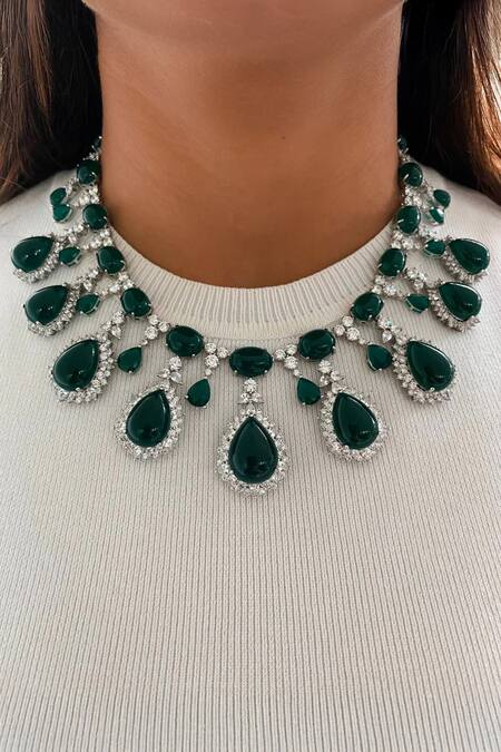 Buy_PRERTO_Emerald Green Diamonds, Stones Cairn Diamante Jewellery Set_Online_at_Aza_Fashions