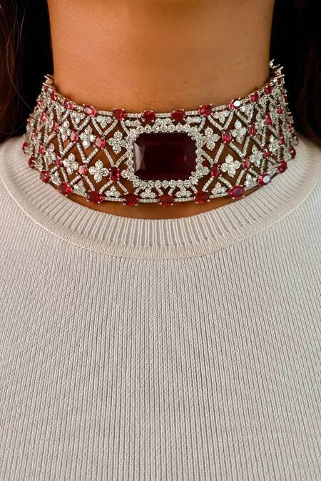 PRERTO Red Diamonds, Stones Ruby Cairn Diamante Necklace Set Online at Aza Fashions PRERTO_Red Diamonds, Stones Ruby Cairn Diamante Necklace Set_Online_at_Aza_Fashions