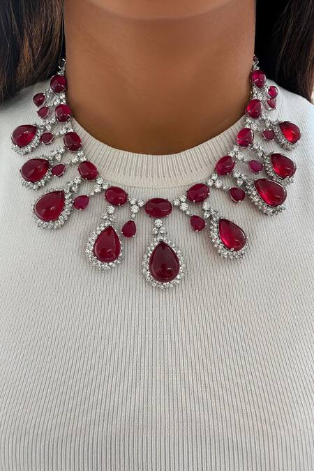 Buy PRERTO Red Diamonds, Stones Ruby Cairn Diamante Necklace Set Online at Aza Fashions Buy_PRERTO_Red Diamonds, Stones Ruby Cairn Diamante Necklace Set_Online_at_Aza_Fashions