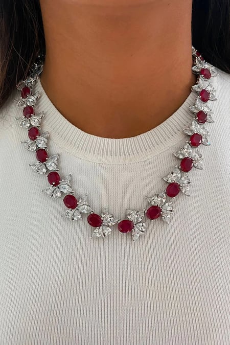 Prerto Bow Ruby Diamante Studded Necklace Set 