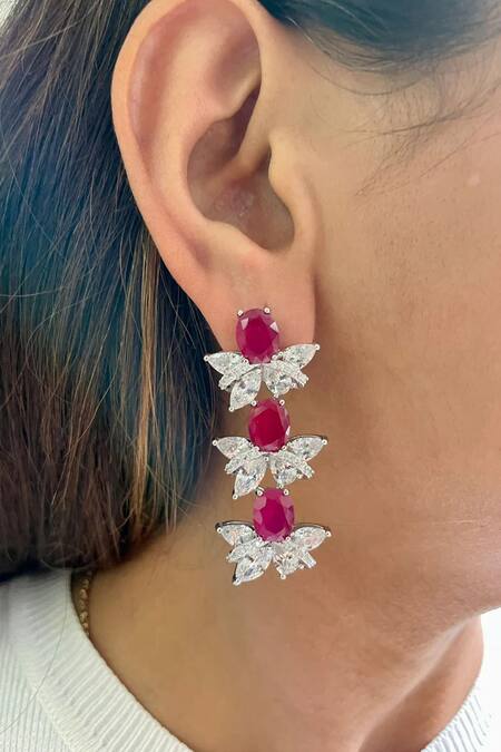 Shop PRERTO Pink Diamonds, Bows Ruby Diamante Necklace And Earring Set at Aza Fashions Shop_PRERTO_Pink Diamonds, Bows Ruby Diamante Necklace And Earring Set_at_Aza_Fashions