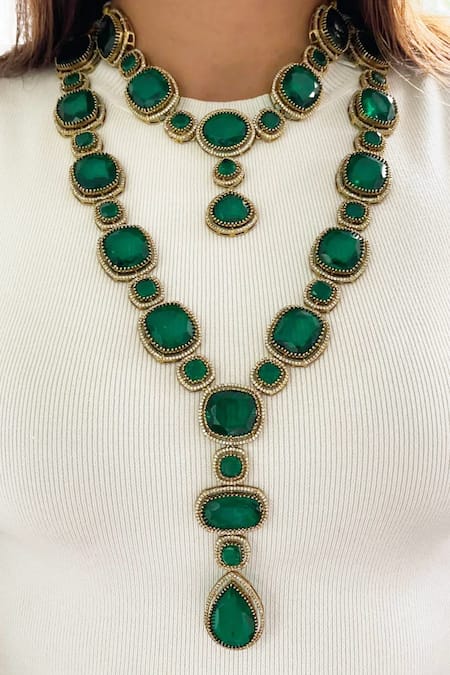 Prerto Dual Statement Emerald & Diamante Setting Necklace Set 