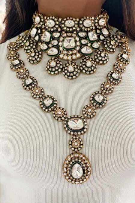 Prerto Maharani Sara Polki Kundan Emerald Necklace Set 