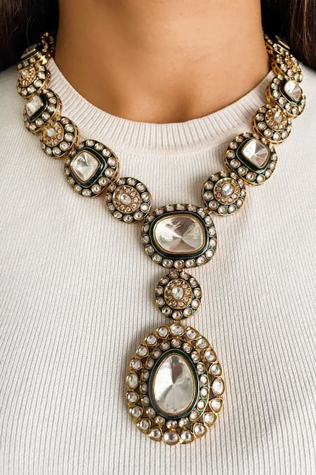 Buy_PRERTO_Green Stones, Rhinestones Polki Kundan Emerald Necklace Set_Online_at_Aza_Fashions