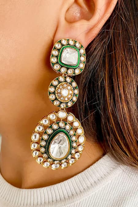 Shop_PRERTO_Green Stones, Rhinestones Polki Kundan Emerald Necklace Set_Online_at_Aza_Fashions
