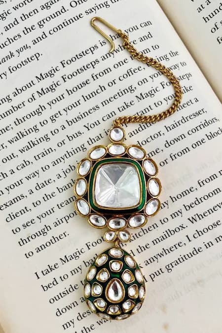 PRERTO_Green Stones, Rhinestones Polki Kundan Emerald Necklace Set_at_Aza_Fashions