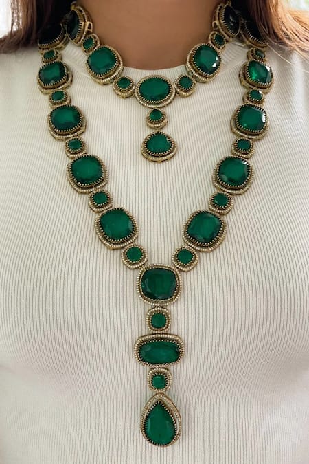 Prerto Dual Tone Emerald Diamante Studded Necklace Set 