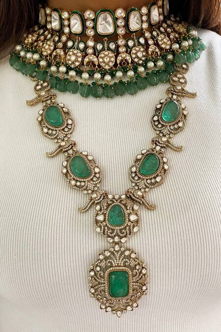 Prerto Maharani Jade Forest Diamante & Polki Statement Parrot Pendant Necklace Set 