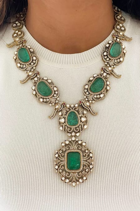 Prerto Jade Forest Diamante & Polki Statement Parrot Pendant Necklace Set 