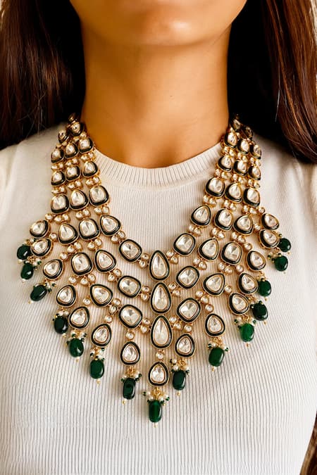 Prerto Emerald & Polki Statement Layered Necklace Set 