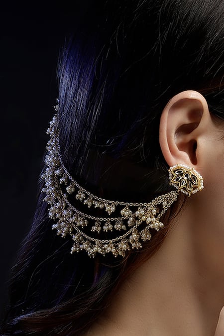 Dugran By Dugristyle Cream Kundan Embellished Earchains Set Of 2 Online at Aza Fashions Dugran By Dugristyle_Cream Kundan Embellished Earchains Set Of 2 _Online_at_Aza_Fashions