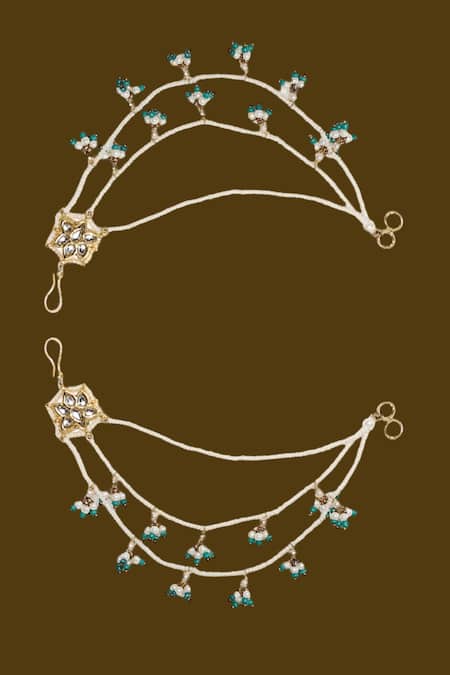 Shop Dugran By Dugristyle Blue Pearls, Gota Patti, Stones Neela Noor Kundan Earchains Set at Aza Fashions Shop_Dugran By Dugristyle_Blue Pearls, Gota Patti, Stones Neela Noor Kundan Earchains Set _at_Aza_Fashions