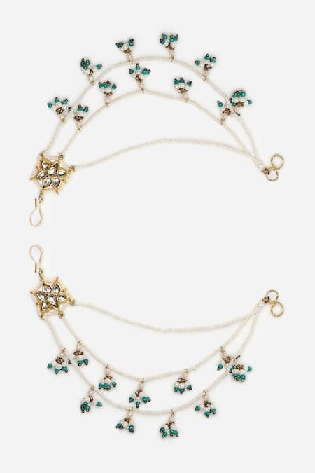 Dugran By Dugristyle Blue Pearls, Gota Patti, Stones Neela Noor Kundan Earchains Set Online at Aza Fashions Dugran By Dugristyle_Blue Pearls, Gota Patti, Stones Neela Noor Kundan Earchains Set _Online_at_Aza_Fashions