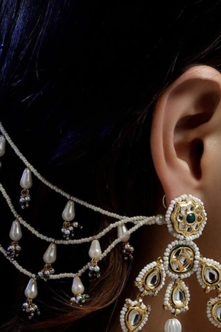 Dugran By Dugristyle Gold Plated Pearls, Stones Kundan Embellished Earchains Set Of 2 Online at Aza Fashions Dugran By Dugristyle_Gold Plated Pearls, Stones Kundan Embellished Earchains Set Of 2 _Online_at_Aza_Fashions
