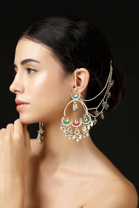 Dugran By Dugristyle_Gold Plated Kundan Pearl Earchains Set Of 2 _at_Aza_Fashions