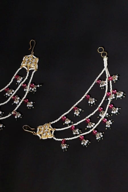 Shop Dugran By Dugristyle Gold Plated Pearls, Stones Gul-e-nazuk Kundan Earchains Set at Aza Fashions Shop_Dugran By Dugristyle_Gold Plated Pearls, Stones Gul-e-nazuk Kundan Earchains Set _at_Aza_Fashions