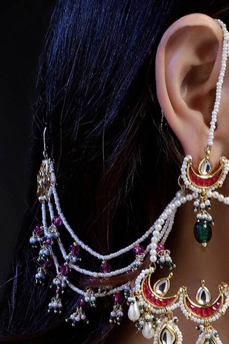 Dugran By Dugristyle Gold Plated Pearls, Stones Gul-e-nazuk Kundan Earchains Set Online at Aza Fashions Dugran By Dugristyle_Gold Plated Pearls, Stones Gul-e-nazuk Kundan Earchains Set _Online_at_Aza_Fashions