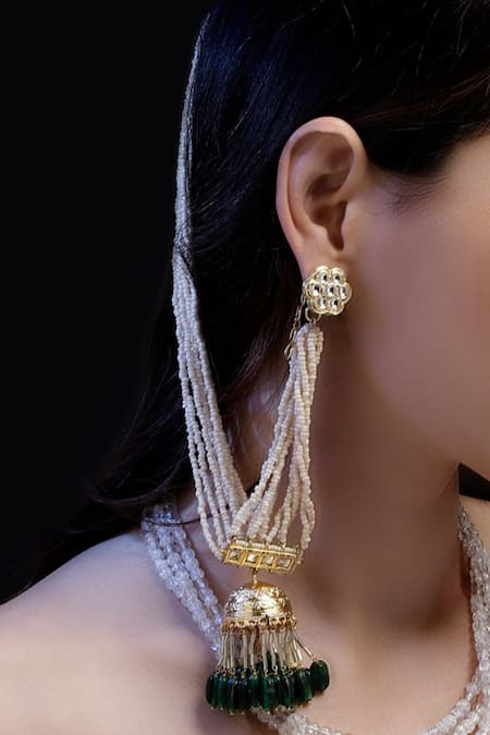 Dugran By Dugristyle_Cream Pearls Kundan Embellished Earchains Set Of 2 _Online_at_Aza_Fashions