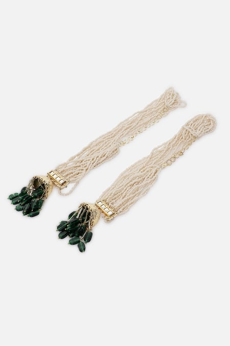 Shop_Dugran By Dugristyle_Cream Pearls Kundan Embellished Earchains Set Of 2 _Online_at_Aza_Fashions