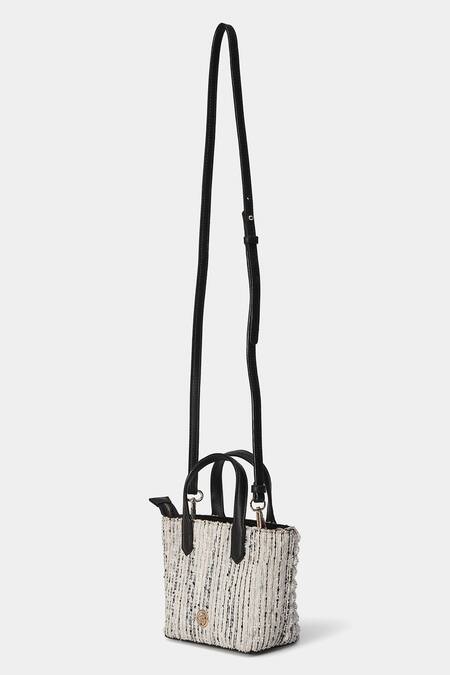 Ritu Kumar_White Embroidery Tweed Textured Handbag_Online_at_Aza_Fashions