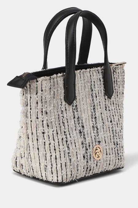 Buy_Ritu Kumar_White Embroidery Tweed Textured Handbag_Online_at_Aza_Fashions
