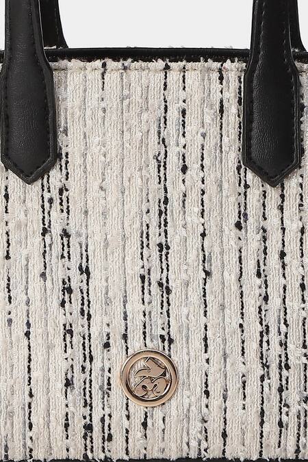 Ritu Kumar_White Embroidery Tweed Textured Handbag_at_Aza_Fashions