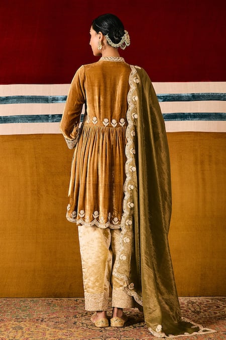 Shop Sue Mue Green Silk, Velvet, Cotton Embroidery Collared Floral Olive Anarkali Set at Aza Fashions Shop_Sue Mue_Green Silk, Velvet, Cotton Embroidery Collared Floral Olive Anarkali Set _at_Aza_Fashions