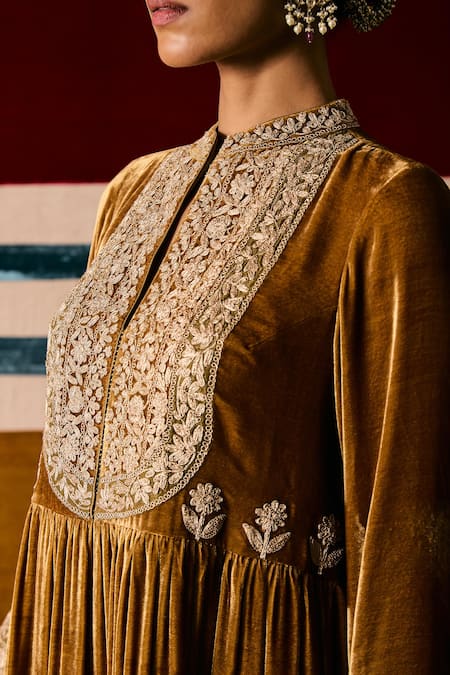 Buy Sue Mue Green Silk, Velvet, Cotton Embroidery Collared Floral Olive Anarkali Set Online at Aza Fashions Buy_Sue Mue_Green Silk, Velvet, Cotton Embroidery Collared Floral Olive Anarkali Set _Online_at_Aza_Fashions