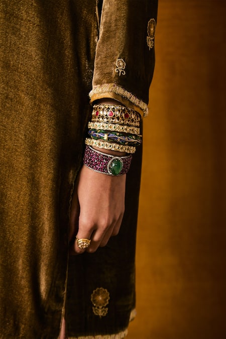 Buy Sue Mue Green Silk, Velvet, Handloom Cotton Tassels, Kashmiri Olive Kurta Set Online at Aza Fashions Buy_Sue Mue_Green Silk, Velvet, Handloom Cotton Tassels, Kashmiri Olive Kurta Set _Online_at_Aza_Fashions