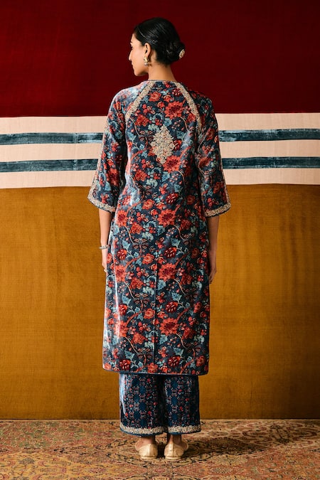 Shop Sue Mue Blue Silk, Velvet Sequins, Beads, Embroidery Open Neck Floral Kurta Set at Aza Fashions Shop_Sue Mue_Blue Silk, Velvet Sequins, Beads, Embroidery Open Neck Floral Kurta Set _at_Aza_Fashions