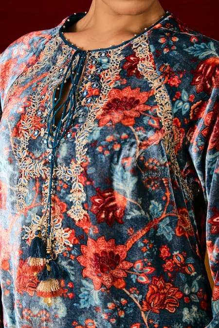 Buy Sue Mue Blue Silk, Velvet Sequins, Beads, Embroidery Open Neck Floral Kurta Set Online at Aza Fashions Buy_Sue Mue_Blue Silk, Velvet Sequins, Beads, Embroidery Open Neck Floral Kurta Set _Online_at_Aza_Fashions